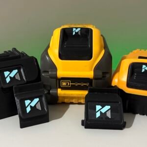 Bulk pile of power tool batteries with corporate branding tags for fleet management