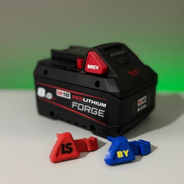 Milwaukee M18 battery with a red custom release button and personalised buttons beside it