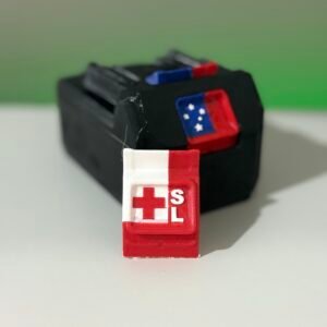 Custom 3D printed country flag battery labels with initials on power tool batteries