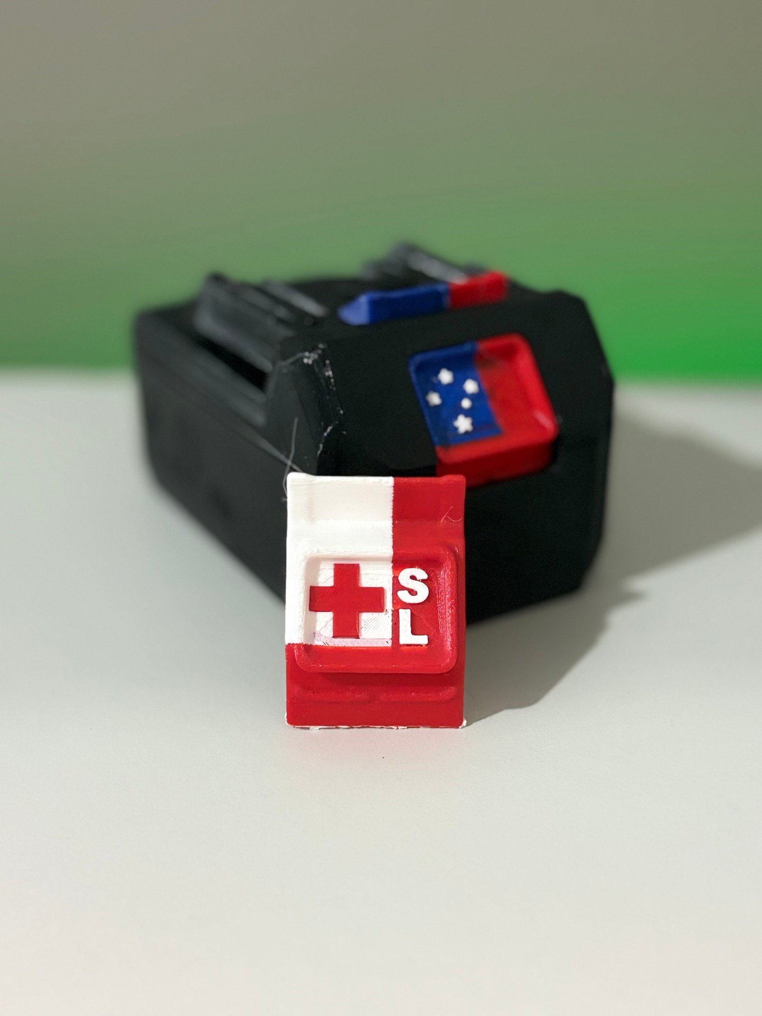 Custom 3D printed country flag battery labels with initials on power tool batteries