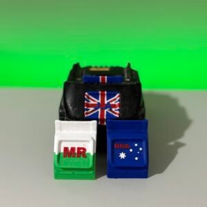 Country flag battery button with united kingdom flag, Iran flag and australian flag with embossed names and initials