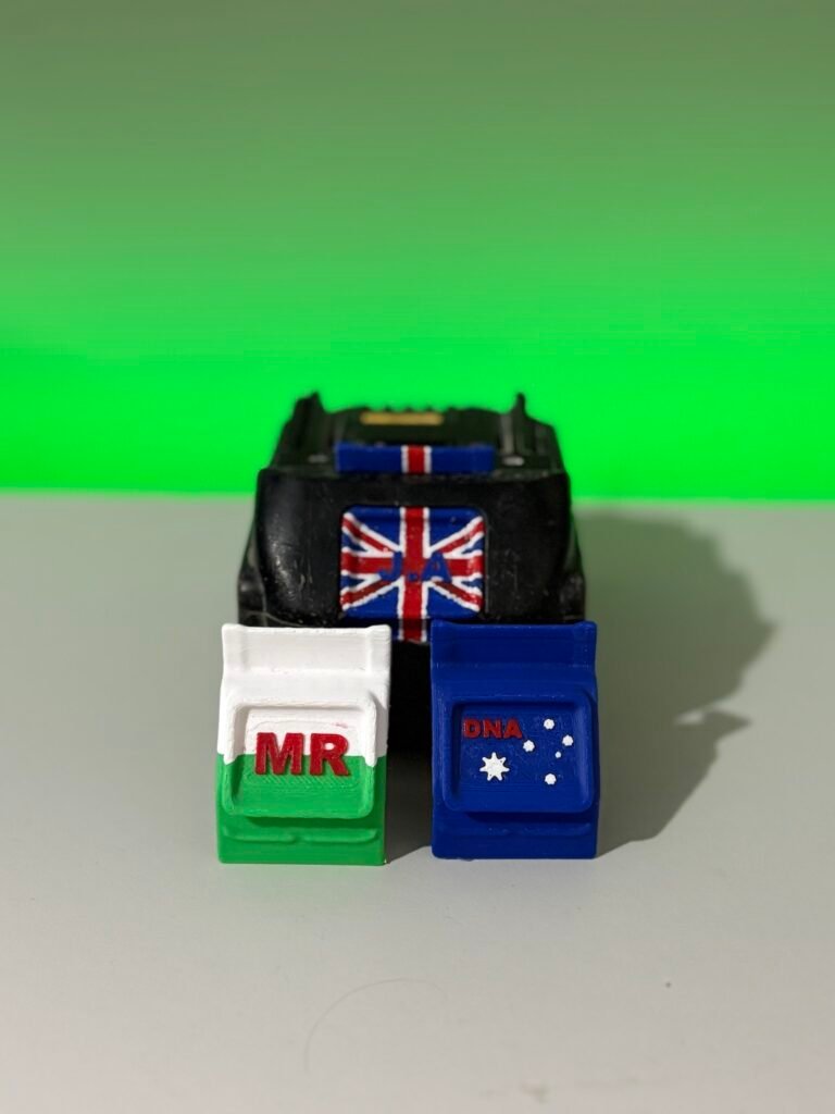 Country flag battery button with united kingdom flag, Iran flag and australian flag with embossed names and initials