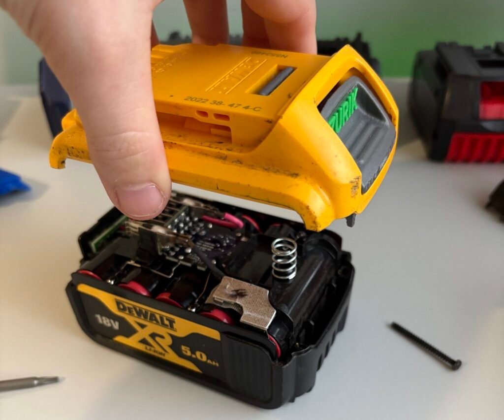 Custom Z Battery Button held above an open DeWalt 18V/20V XR battery top cover before refitting the cover