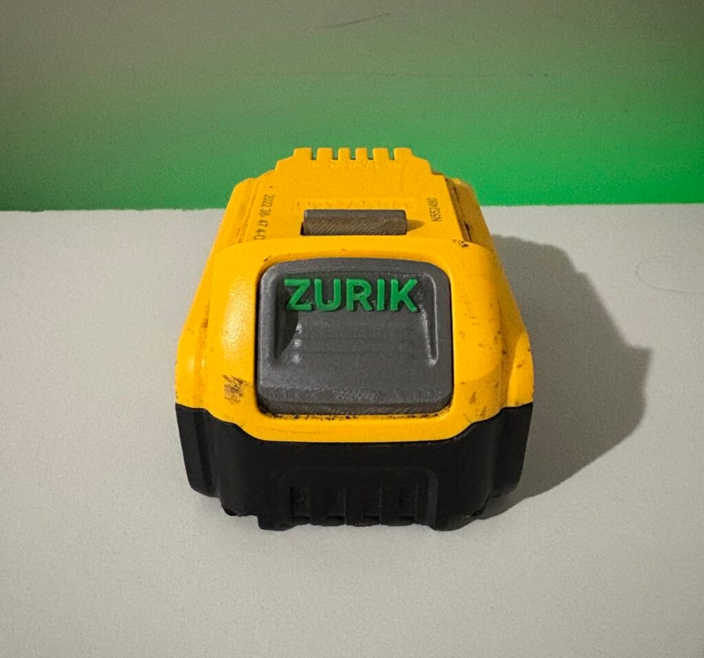 Finished DeWalt 18V/20V XR battery with a custom Z Battery Button installed and ready to use
