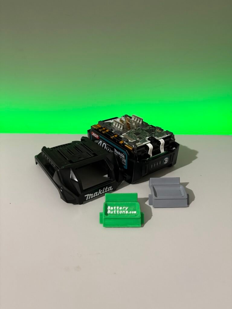 Step photo showing a Makita 40V XGT battery with a top cover screw being loosened using a T10 security bit before installing a custom Z Battery Button. The same top-cover screw step applies to compatible Makita 18V LXT batteries.