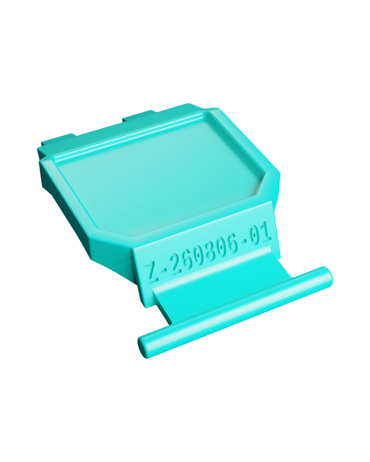 Teal 3D printed Battery Button for a Makita 40V 5Ah battery with an engraved traceability ID